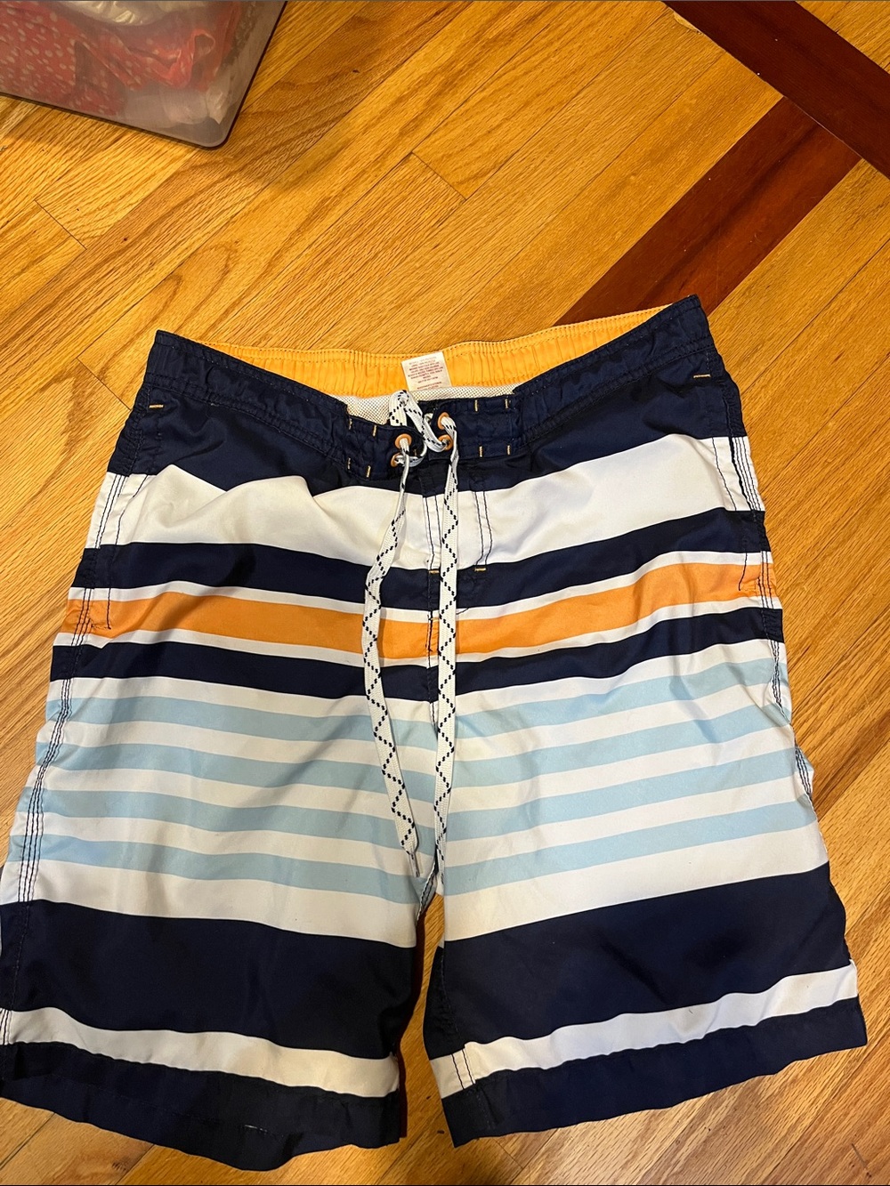 Striped Men's Swim Trunks in Navy, Light Blue & Gold